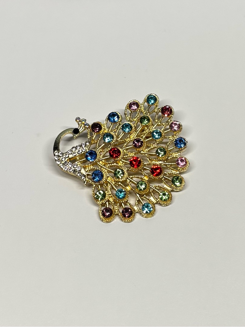 Gold Peacock Brooch with Multicolor Crystals - Women Jewelry